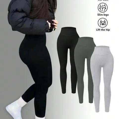 Women's Solid High Waist Elastic Thermal-Lined Fit Leggings, Casual Comfy High-Stretch Skinny Pants for Daily Wear, Ladies Bottoms for All Seasons, Autumn, Clothing