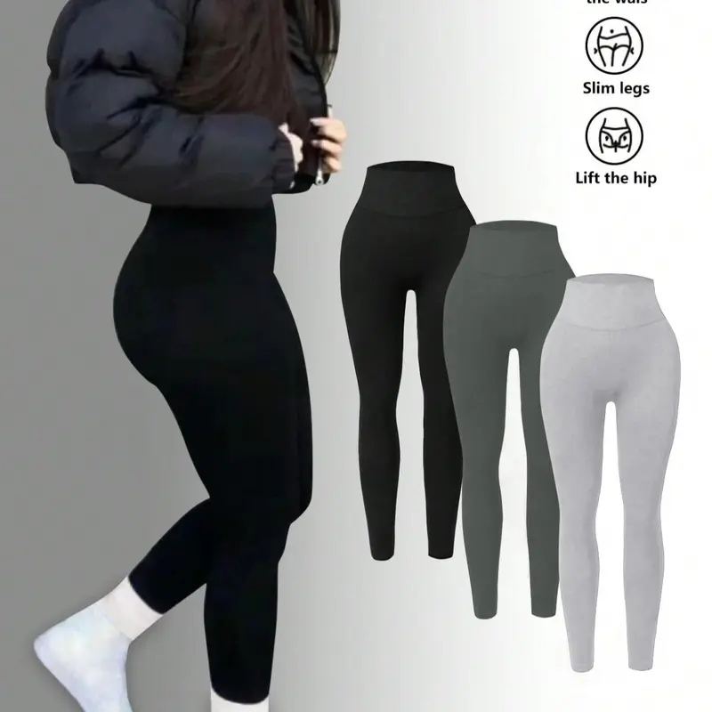 Women's Solid High Waist Elastic Thermal-Lined Fit Leggings, Casual Comfy High-Stretch Skinny Pants for Daily Wear, Ladies Bottoms for All Seasons, Autumn, Clothing