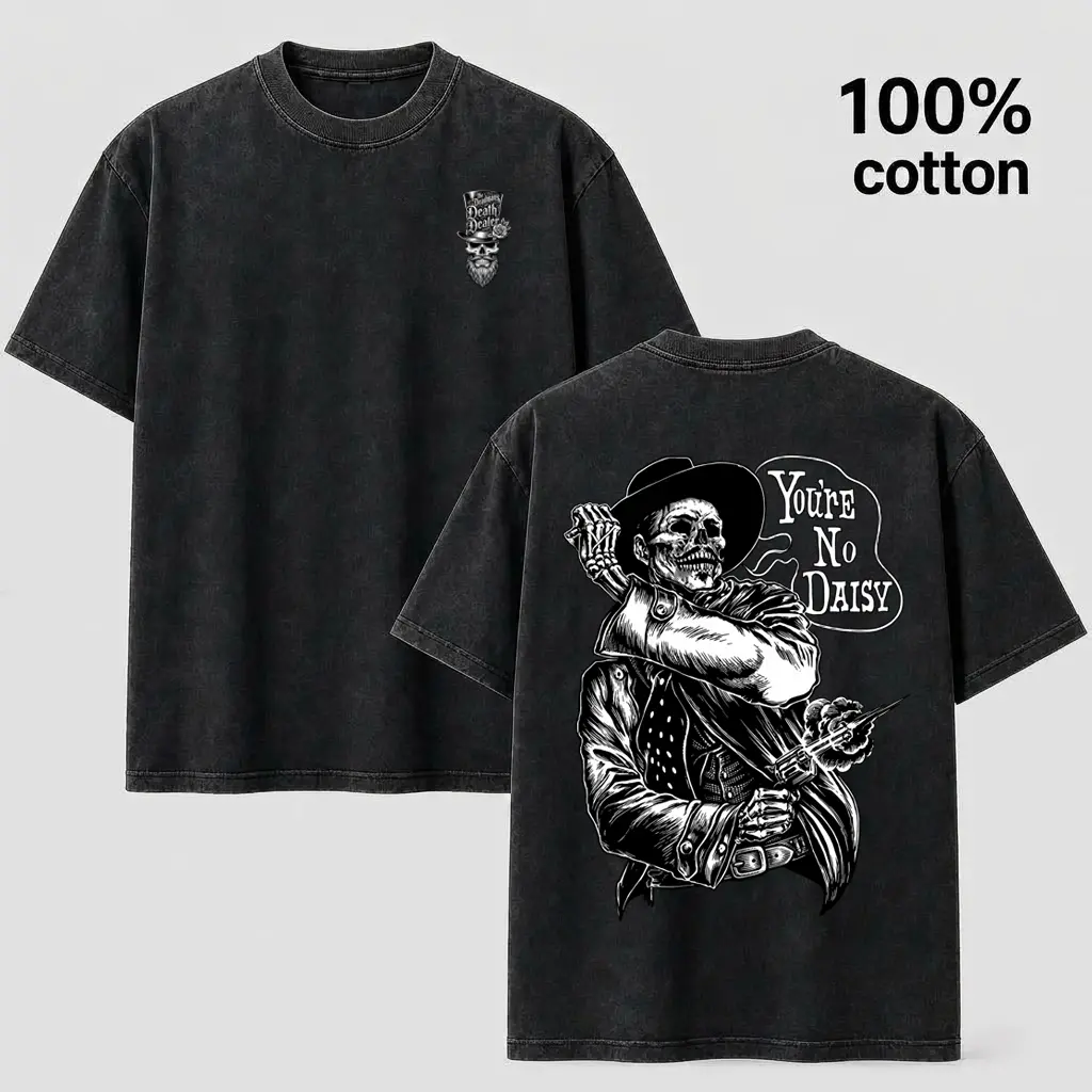 Vintage Wash Skeleton Cowboy Graphic T-Shirt Oversized Retro Heavyweight Tee
