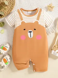 Baby universal cute style, with a teddy bear pattern paired with striped short sleeved and shoulder strap design, a jumpsuit shape suitable for daily use, annual banquets, and other occasions. Baby clothes are worn in spring and autumn seasons