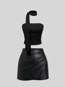 Elegant Halter Top & PU Leather Short Skirt Set, Slim-Fitting Two-Piece, Plain Style, Perfect for Casual Wear