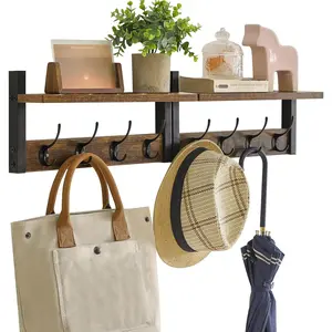 Coat Rack Shelf Wall Mounted, Coat Hooks Set of 2, Entryway Coat Hanger with 8 Hooks, 31.5" Wall Floating Shelf with Hat Rack, for Kitchen, Bedroom, Bathroom, Rustic Brown UHWS001H-2