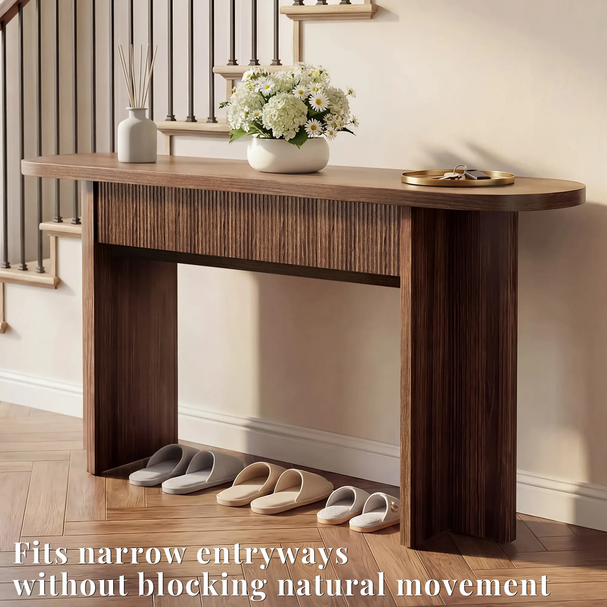 OMCHOM 63-Inch Farmhouse Engineered Wood Console Table - 63-in Desk with 62.9" Wide Top, Full-Width Silent Glide Storage Drawers, Wide Legs, Space-Saving Indoor Furniture for Entryway, Living Room (Requires Setup)