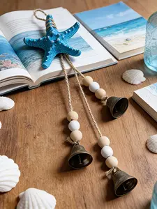 1pc Coastal Resin Starfish Wind Chime with Bells - Nautical Beach Decor for Home, Patio, Porch | Blue Starfish, Wooden Beads, Rustic Metal Bells | Ocean Themed Hanging Ornament for Summer, Coastal, Mediterranean, And Boho for Home Decor