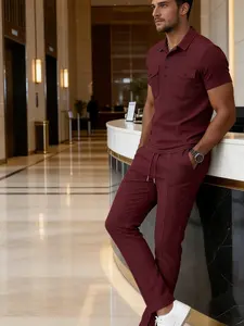 Men's Waffle Knit Set, Classic Polo Short Sleeve Top & Slim Fit Pants, Casual Relaxwear, Two-Pocket Design, Comfortable