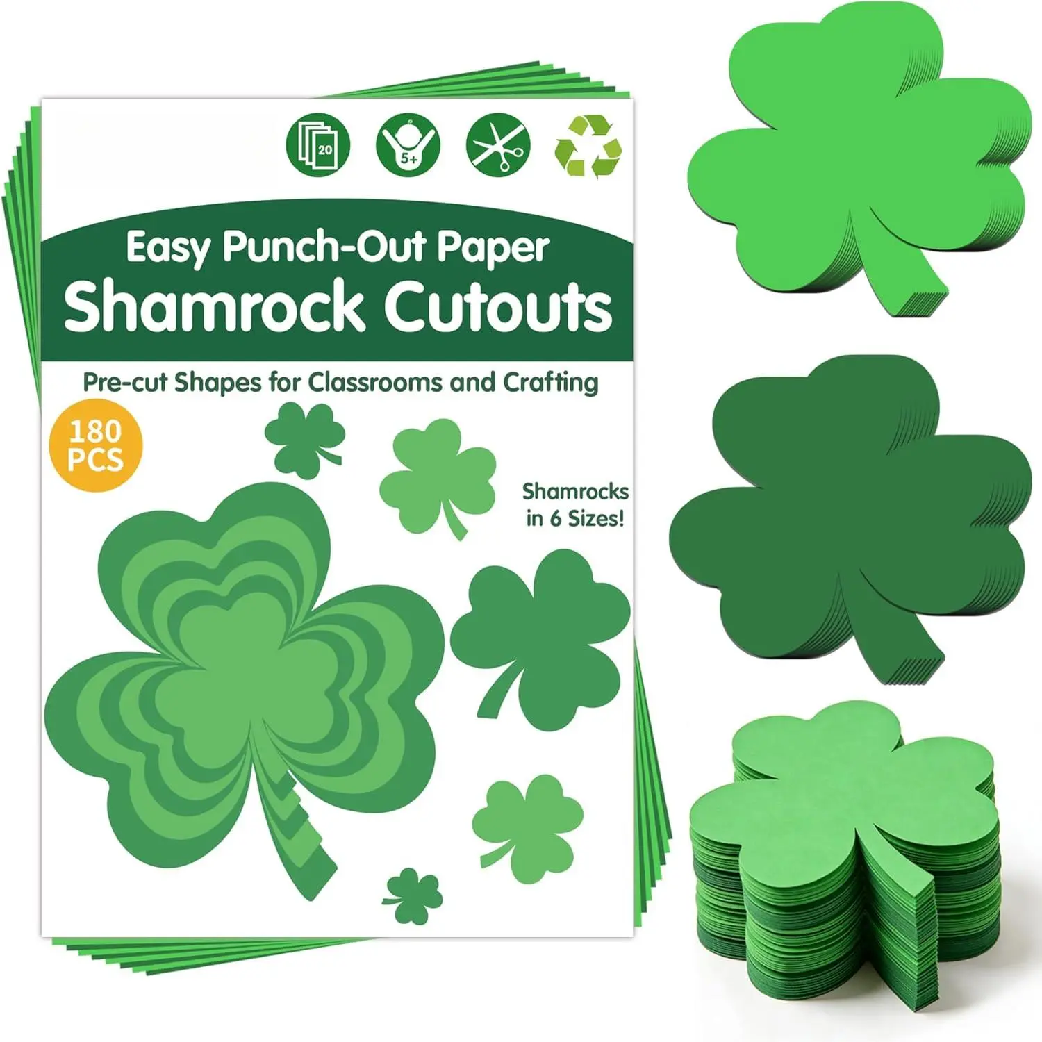 180 PCS Pre-Cut Paper Shamrock Cutouts - St. Patrick's Day Decorations, Party Supplies & Favors for School - Home Spring Festive Decor Accessories
