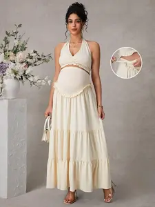 ZENIE Single Shade Camisole Twist Knot Elegant Long Frock Mother To Be Collection Old Money Trend