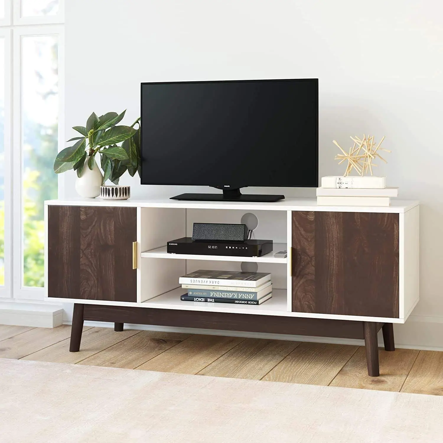 Wesley Scandinavian TV Stand Media Console with Wooden Frame and Cabinet Doors, White/Walnut