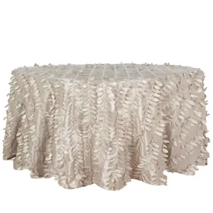 Taffeta 120" Round Tablecloth Beige | 3D Leaf Petal Design Seamless Table Cover for Chic Wedding & Event Decor