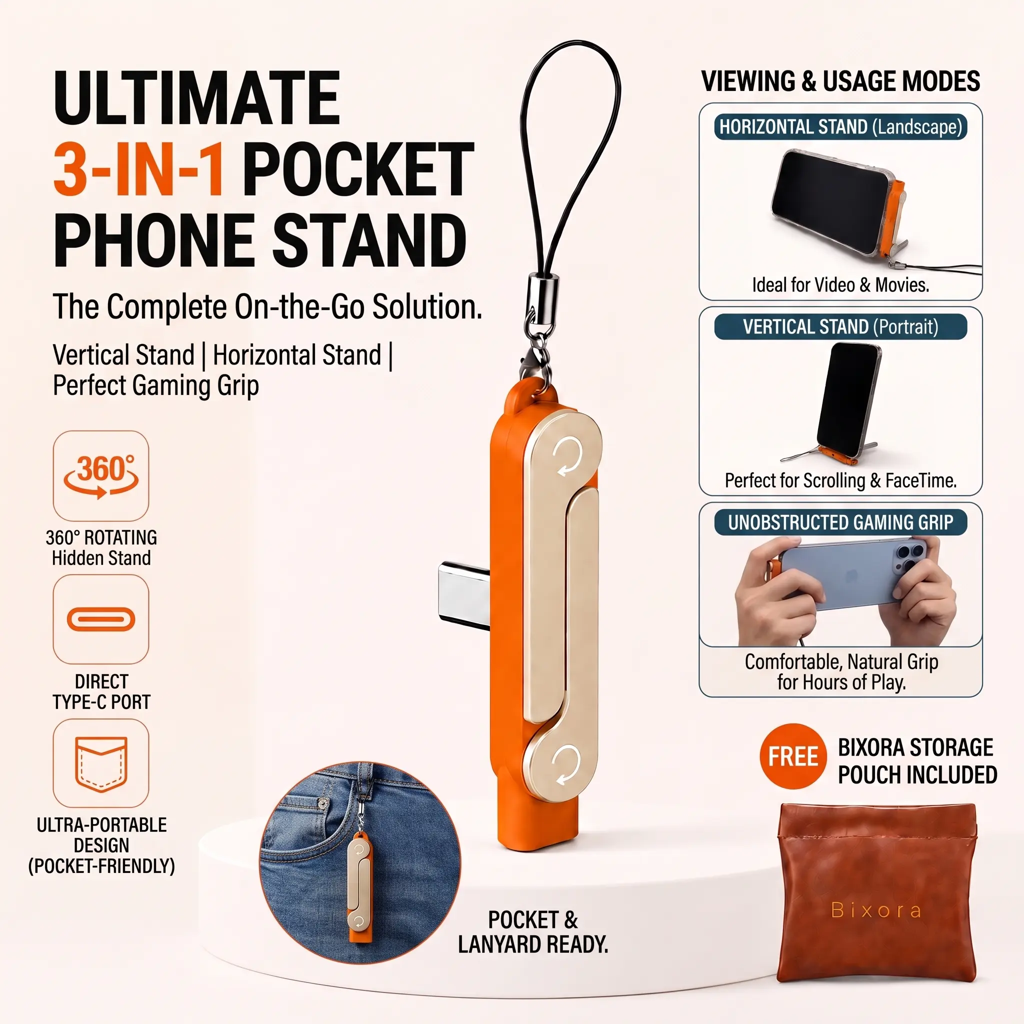 3-in-1 Portable Phone Stand Adapter, 240W PD Fast Charging Type-C to Type-C Adapter, Foldable Keychain Phone Holder for Gaming Office Outdoor, Zinc Alloy Charging Dock for Type-C Smartphones & Tablets