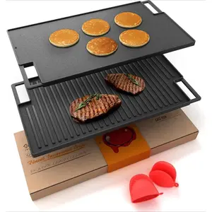 Cast Iron Reversible Griddle 18x10 Inch – Pre-Seasoned Flat Top & Ridged Grill Side, Stove Top Griddle for Gas Grill, Outdoor & Indoor Cooking