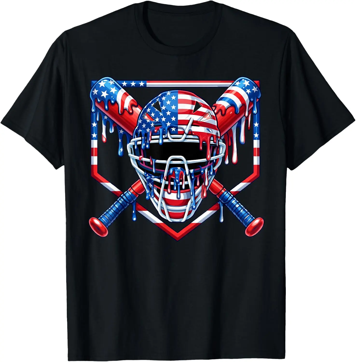 Baseball Catcher Drip American Flag Ice Cream 4th of July T-Shirt - Crewneck Men Women Youth Boys Girl T-shirt Cotton Fabric