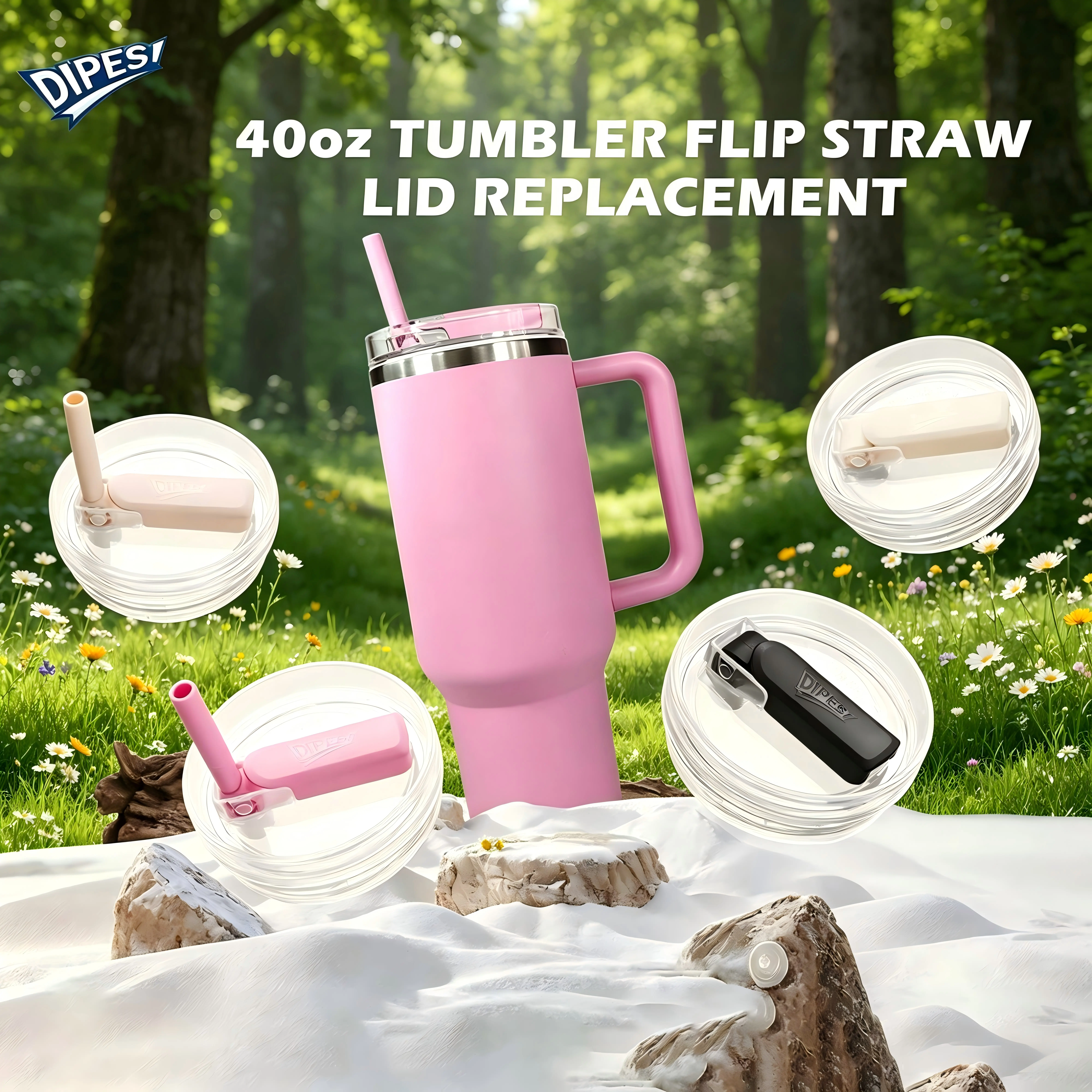 DIPESI 2-Pack Leak-Proof Replacement Lids for 40oz Stanley Travel Tumblers – 360° Rotating Silicone Straw Lid, BPA-Free, Dishwasher Safe