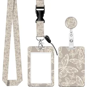 ID Badge Holder with Retractable Badge Reel Clip and Lanyard, Cute Card Name Tag Lanyard Vertical ID Protector Bage Clips for Nurse  Teacher Student (Grey Butterfly)