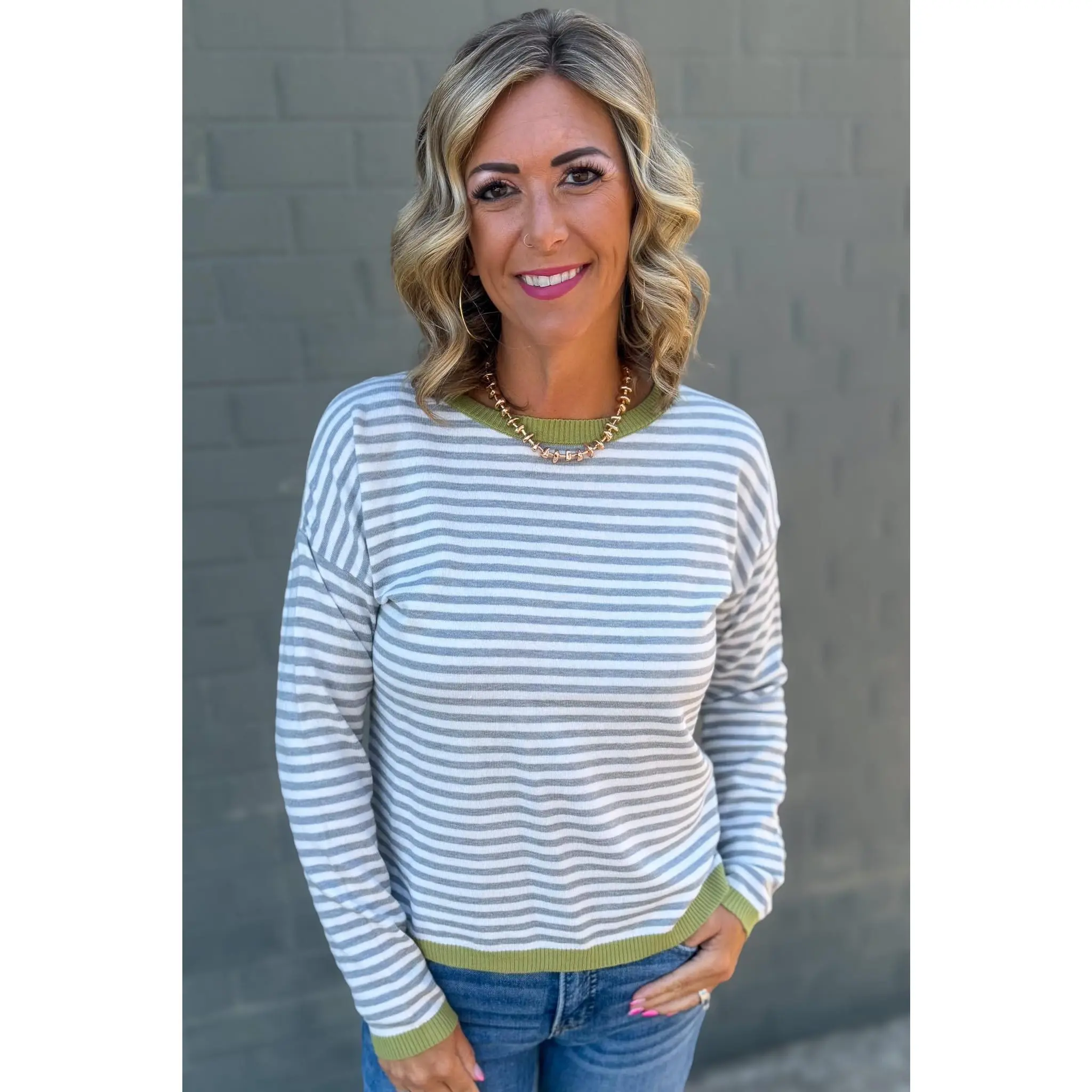 Heather Grey & Sage Stripe Sweater