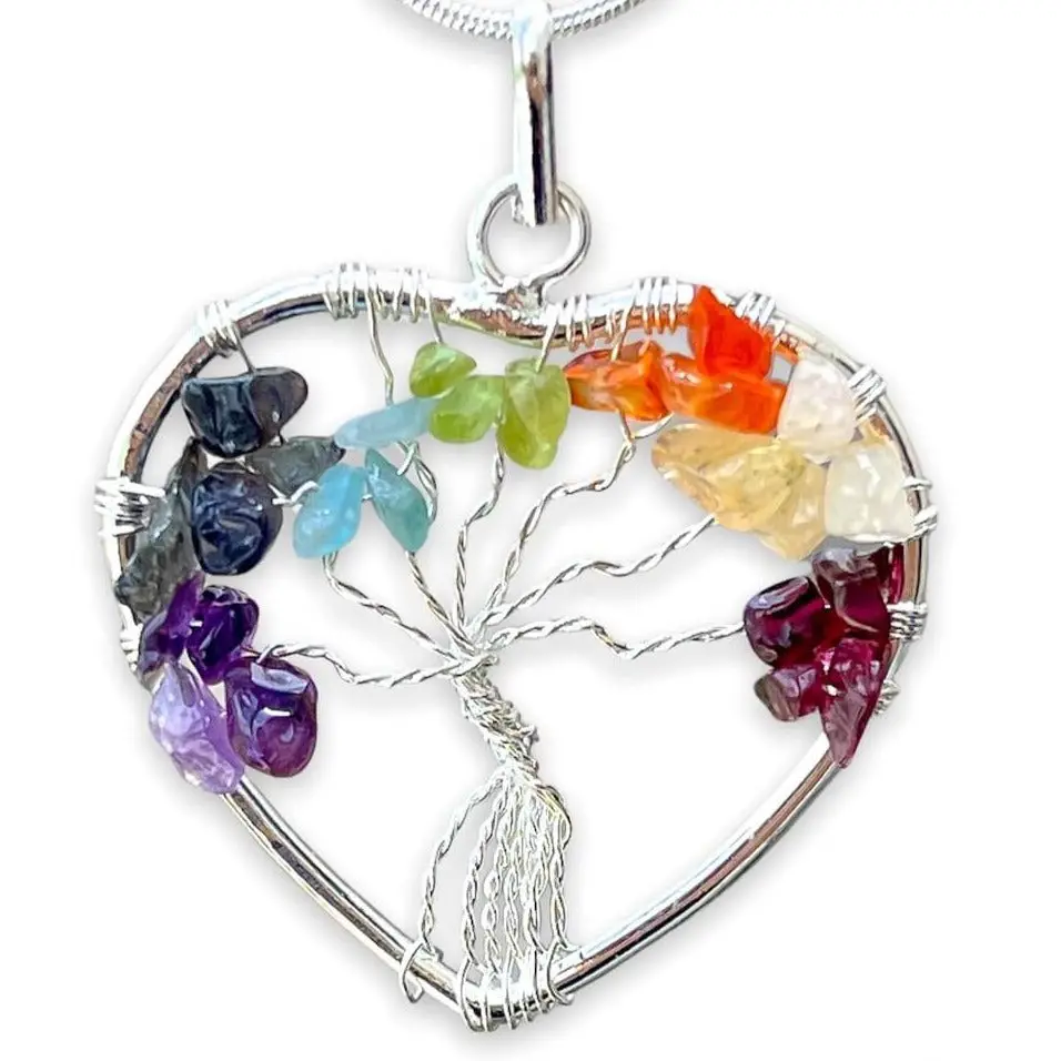 Tree of Life 7 Chakra Wire Heart Pendant Necklace