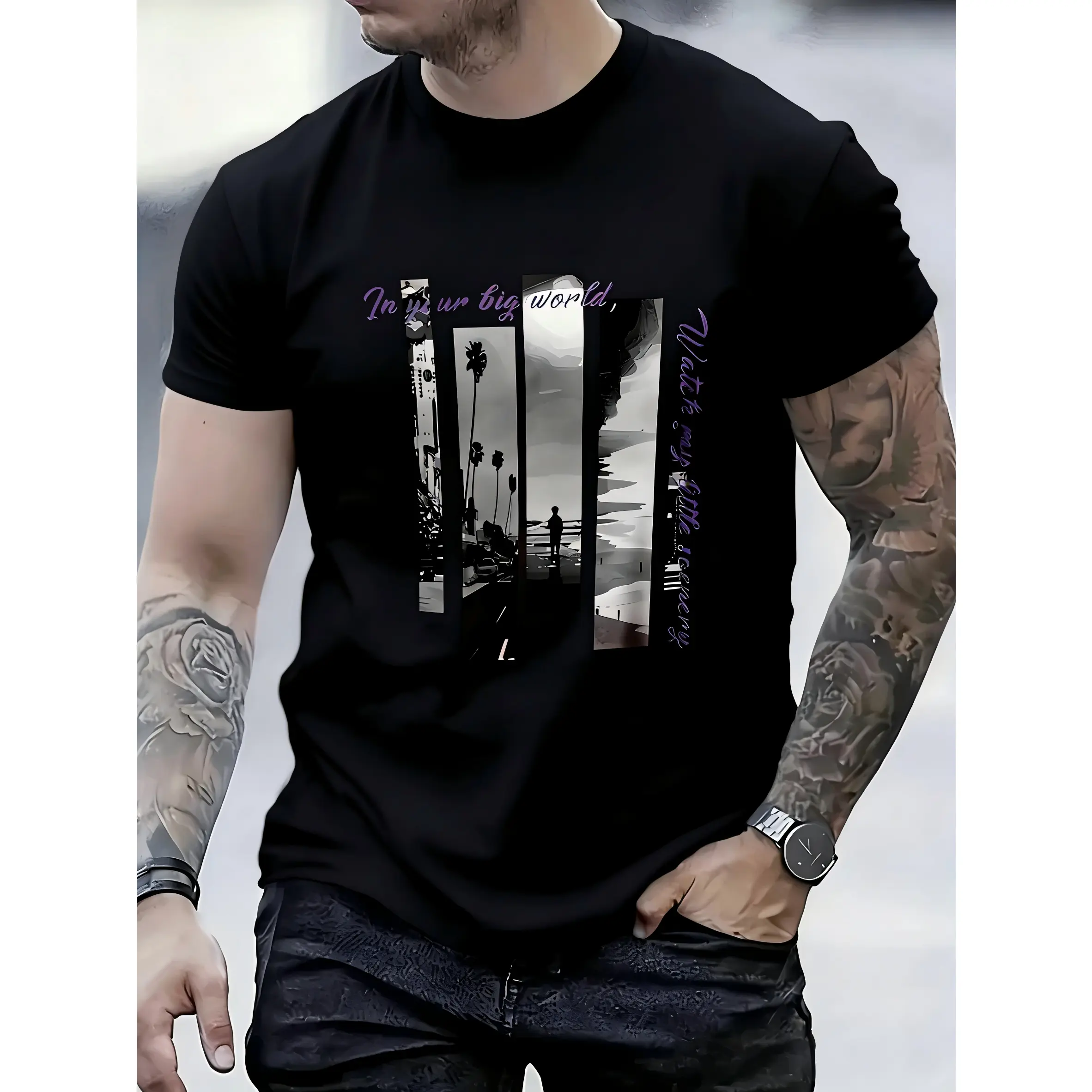 Men'S Stylish Graphic T-Shirt - , Short Sleeve Crew Neck, Comfort Fit for All Seasons, Casual Streetwear with Palm Tree & "In Your Big World" Design, Everyday Tshirt |         Bold Graphic Tee |         Smooth Texture Fabric graphic tee