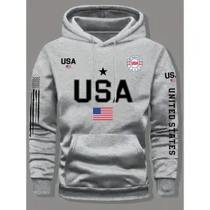 USA flag print hoodie men's fleece sweatshirt, United States letter print unisex casual knit fabric pullover for students and couples fashion hoodie for autumn and winter, 2026 spring pullover hooded sports hoodie