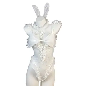 White Lace Bunny Bodysuit Bow Detail Bodysuit with Ears, Girl, Cosplay, Halloween, Casual, Accessories