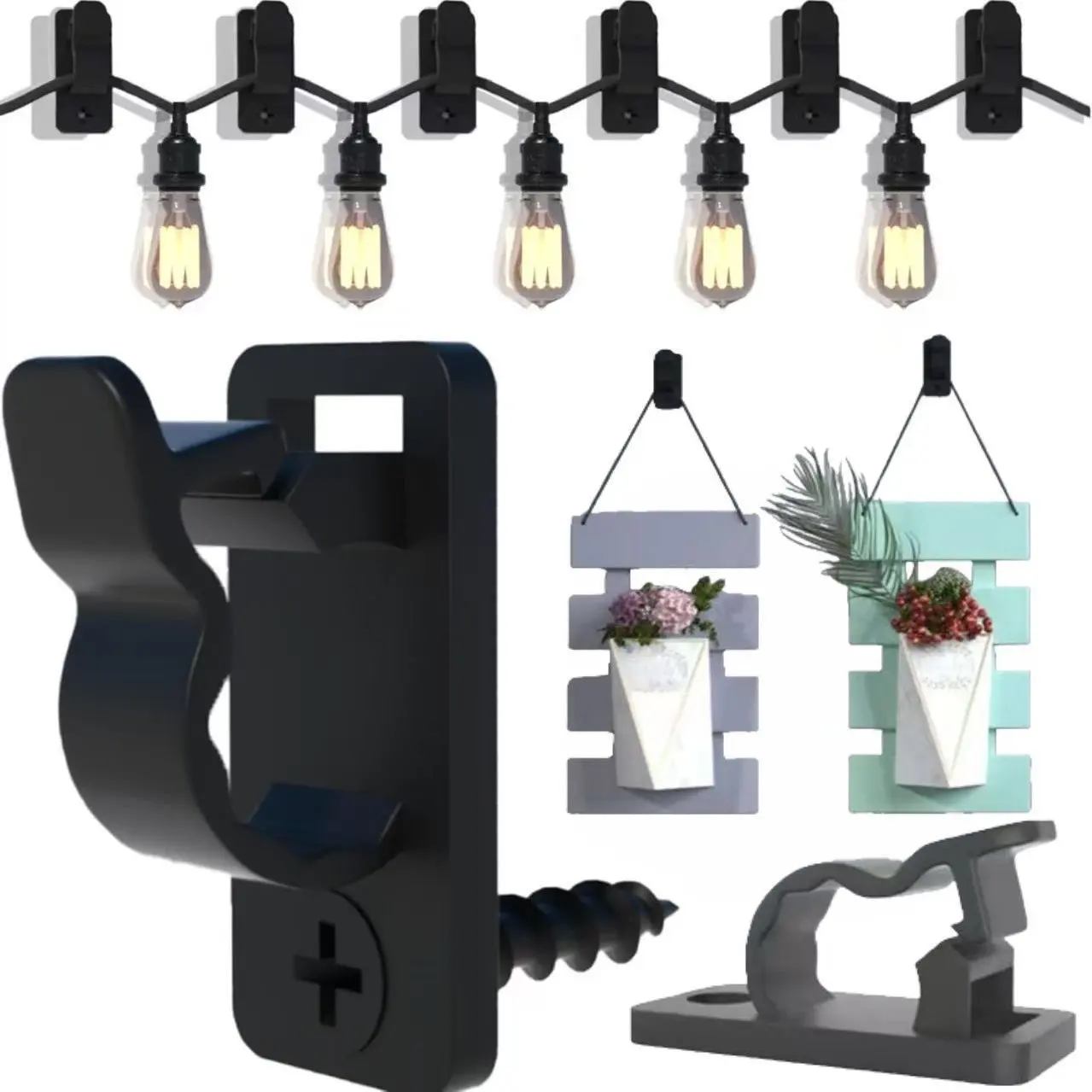 GJANSH 50 Pcs Black Adjustable Cable Clips with 18mm Screws - Dual Mount (Self-Adhesive & Screw-In) Nylon Wire Organizer, Heavy Duty Windproof Safety Lock String Light Hooks for Hanging Patio Lights, Wall, Desk, RV