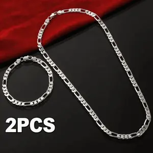 2PCS 925 Sterling Silver Plated 4/6mm Figaro Bracelet & Necklace Set for Men and Women, Durable Chain, Waterproof, Lobster Clasp, Gift Ready