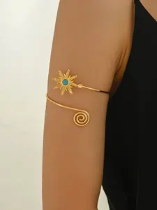 Bohemian Ethnic Style Vintage Turquoise Metal Geometric Pattern Bracelet, Fashionable Adjustable Open Design Adjustable Fit, Women's Arm Decoration for Daily Wear Bohemian Vibe