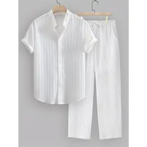 2pcs Men's Summer Casual Striped Polyester Outfit Set, Short Sleeve Stand Collar Shirt and Drawstring Pants, Non-Stretch Woven Fabric, Regular Fit for Daily Wear and Beach Vacation, Plain Color, Beach Vacation