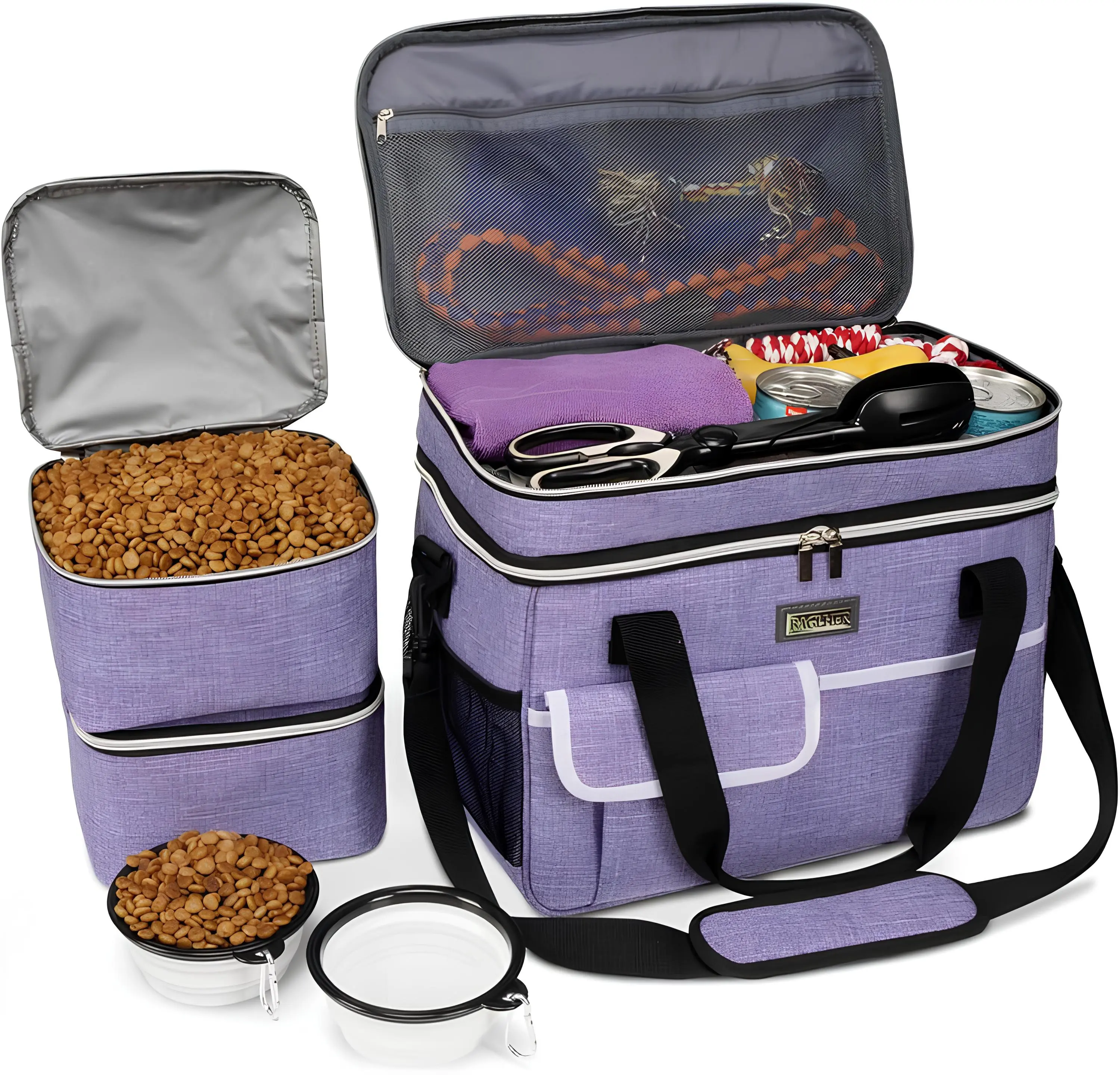 BAGLHER Dog Travel Bag Supplies - Double-Layer Airline Approved Weekend Pet Travel Bag for Dogs & Cats with 2 Food Containers & 2 Foldable Silicone Bowls, Camping Gift Accessories Carrier, Pet Essentials, Travel Kit,Outdoorfun
