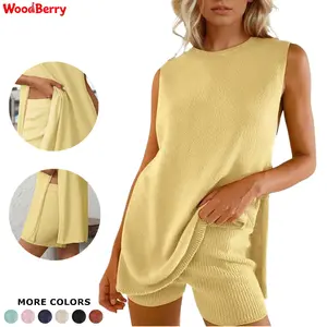 Woodberry Women's 2-Piece Fitted Basic Plain Summer Knit Outfits - Sleeveless Sweater Tunic Top, Matching Casual Shorts - Trendy Beach Vacation Lounge Clothes,summervibes