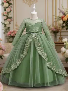 White long sleeve lace elegant girls princess dress light with sequins and lace details dance dress perfect for birthdays and formal occasions Princess Quince Dresses