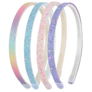 L-HDW084 Glitter Headband, 4pcs Plastic Sparkly Cute Non Slip Chunky Hairbands, Thick Bling Confetti Rainbow Hair Bands with Teeth, Little Girls Colorful Hair Accessories