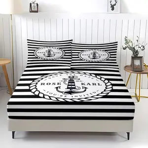 Anchor Theme Bed Sheet， Bedding Set, Striped Pattern Bed Linen, Anti-Slip Dustproof Cover for Teenagers and Adults, Includes 1 Fitted Sheet and 2 Pillowcases