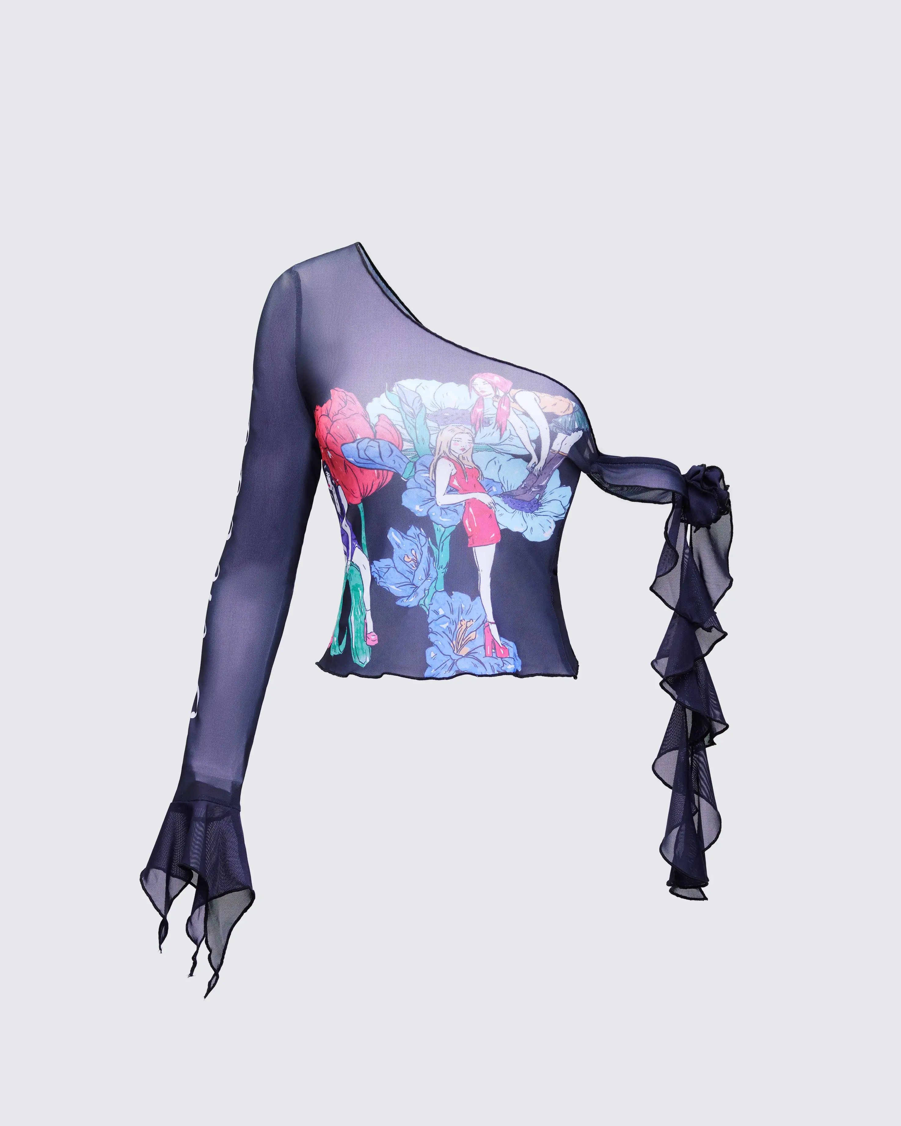 Sylphine Black Printed Mesh Asymmetric Top