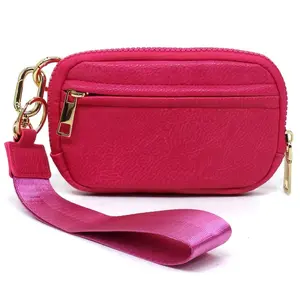 Fashion World Faux Vegan Leather Wristlet Wallet with Gold-Tone Hardware & Detachable Strap Hot Pink