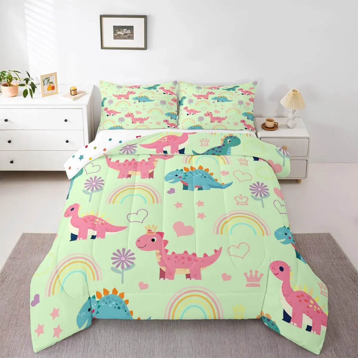 Kawaii Dino Comforter Set,Cute Rainbow Floral Love Heart Reversible Bedding Sets Bedroom Decor,Pink Green Dinosaur Lovely Animal Quilted Duvet