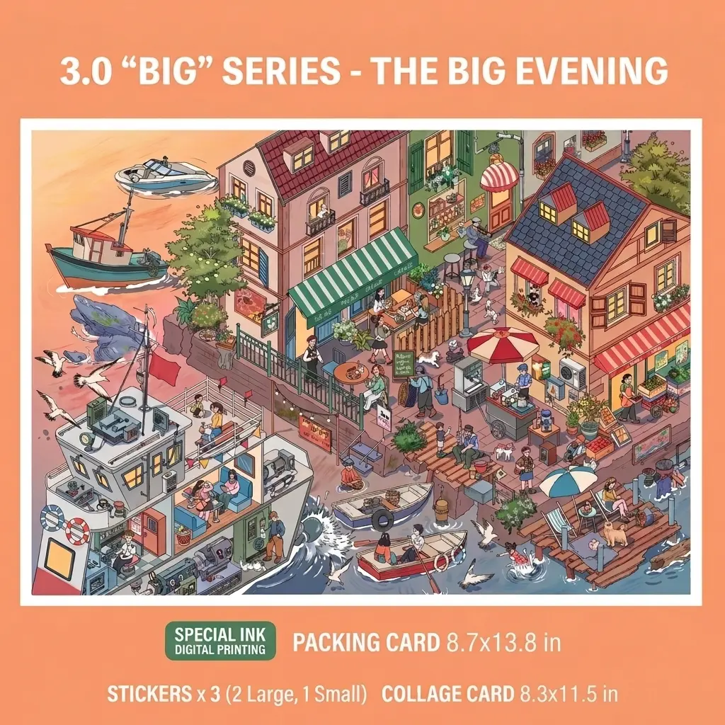 Warm Dusk Seaside Harbor Village Collage Sticker Kit, Oversized Large Format Scene Card, Special Digital Ink Pre-Cut Boat, Shop, Pedestrian Prop Stickers, DIY Layered Sunset Town 3D Diorama Craft for Anime & Travel Journal Lovers