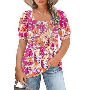 DOLNINE Womens Plus-Size Tops Summer Puff Short Sleeve Scoop Neck Pleated Flowy Shirts RPS2093
