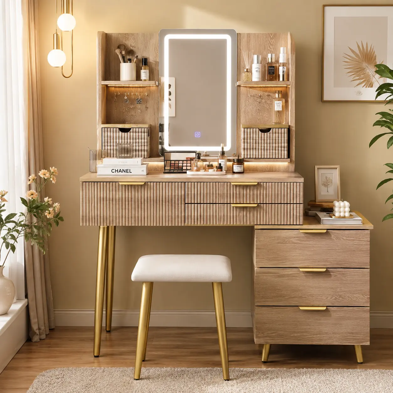 Modern Wooden Dressing Table with Mirror, Storage Drawers for Bedroom Indoor Furniture Decor