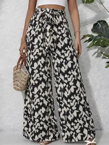 Elegant Leopard Print Wide Leg Pants for Women, Casual Fashion Long Straight Leg Trousers, Plus Size Comfortable