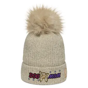 "Dog Mom" Pom-Pom Beanie Microfleece Lined Winter Hat with Faux Fur Pom & Embroidered Message One-Size-Fits-Most Cold Weather Accessory