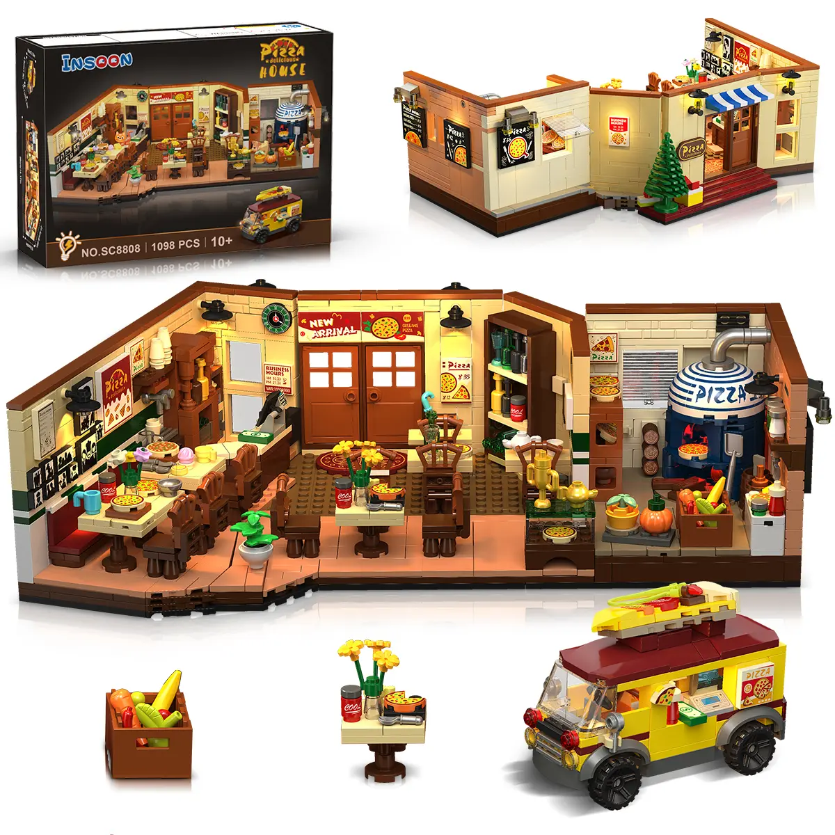 INSOON 1098PCS City Street Pizza Restaurant Building Set with Light, Retro Pizza Van & Architecture Model, Home Decor Construction Block Gift for Teens & Adults 10+