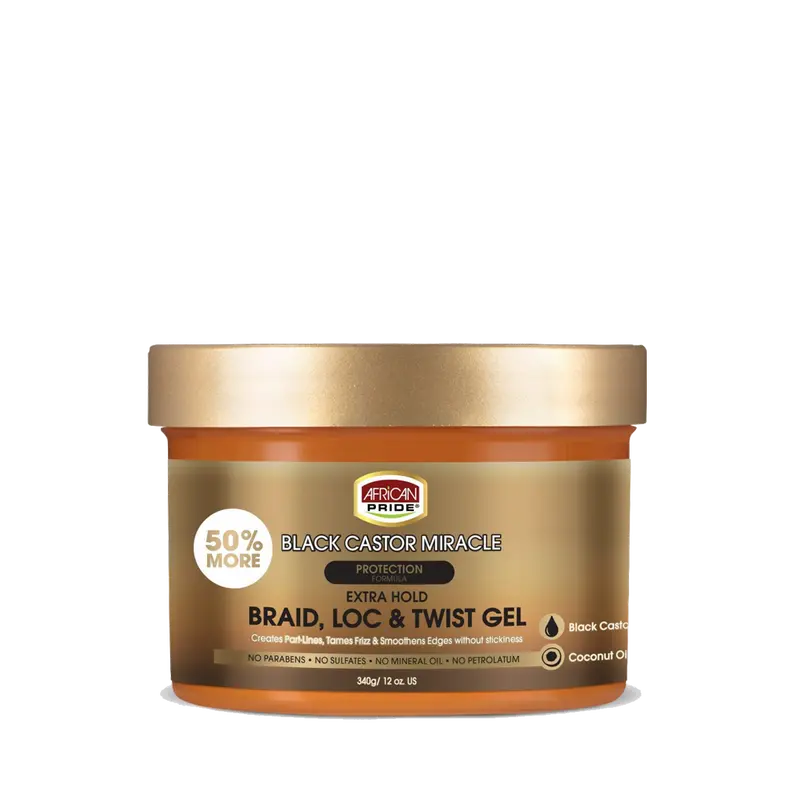 AFRICAN PRIDE BLACK CASTOR MIRACLE BRAID, LOC & TWIST GEL, 8OZ