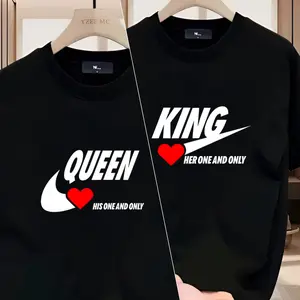 King & Queen Couple Matching Graphic Tees His & Hers Cotton T-Shirts Love Heart Print Couple Tops