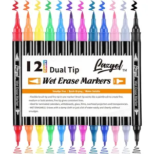 Wet Erase Markers Dual Tip, 12 Assorted Colors, Dual Tip Brush & Fine Smudge Free Markers for Dry Erase Whiteboard, Refrigerator Calendars, Glass and Films