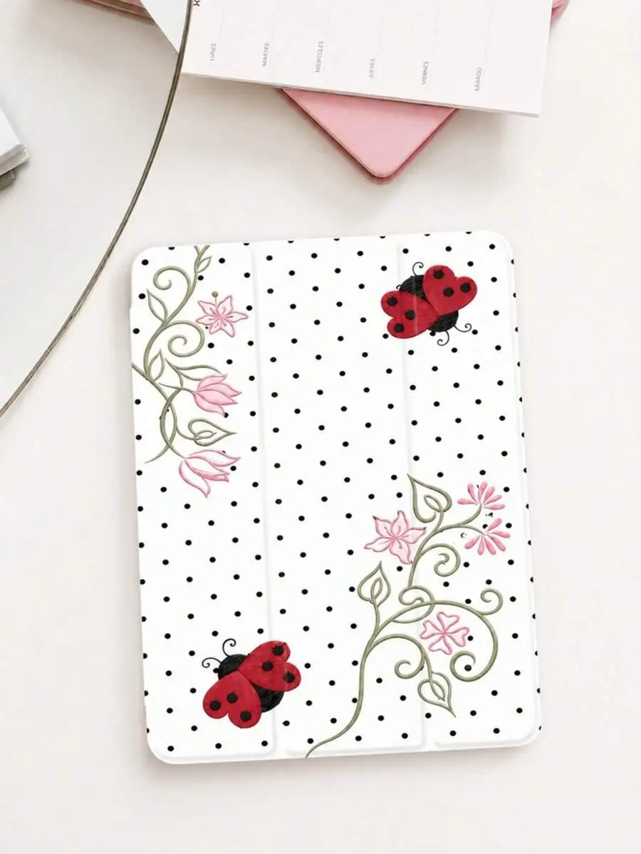 Ladybug Floral iPad Flip Case, Cute Polka Dot iPad Cover, Protective Trifold Stand Tablet Case, Gift for Women and Girls