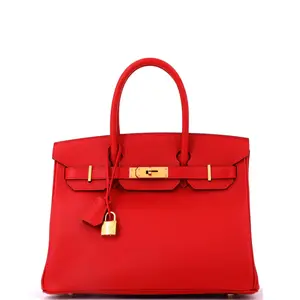 Pre-owned HERMÈS Leather Top Handle Bags Hermes Birkin Handbag Rouge Vif Epsom with Gold Hardware 30 by Rebag