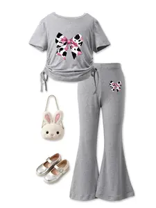 Summer Girls' Set, Cow Print Butterfly Knot, Sweet Cool Style, Drawstring Short Sleeve & Flared Pants, Casual Daily Wear