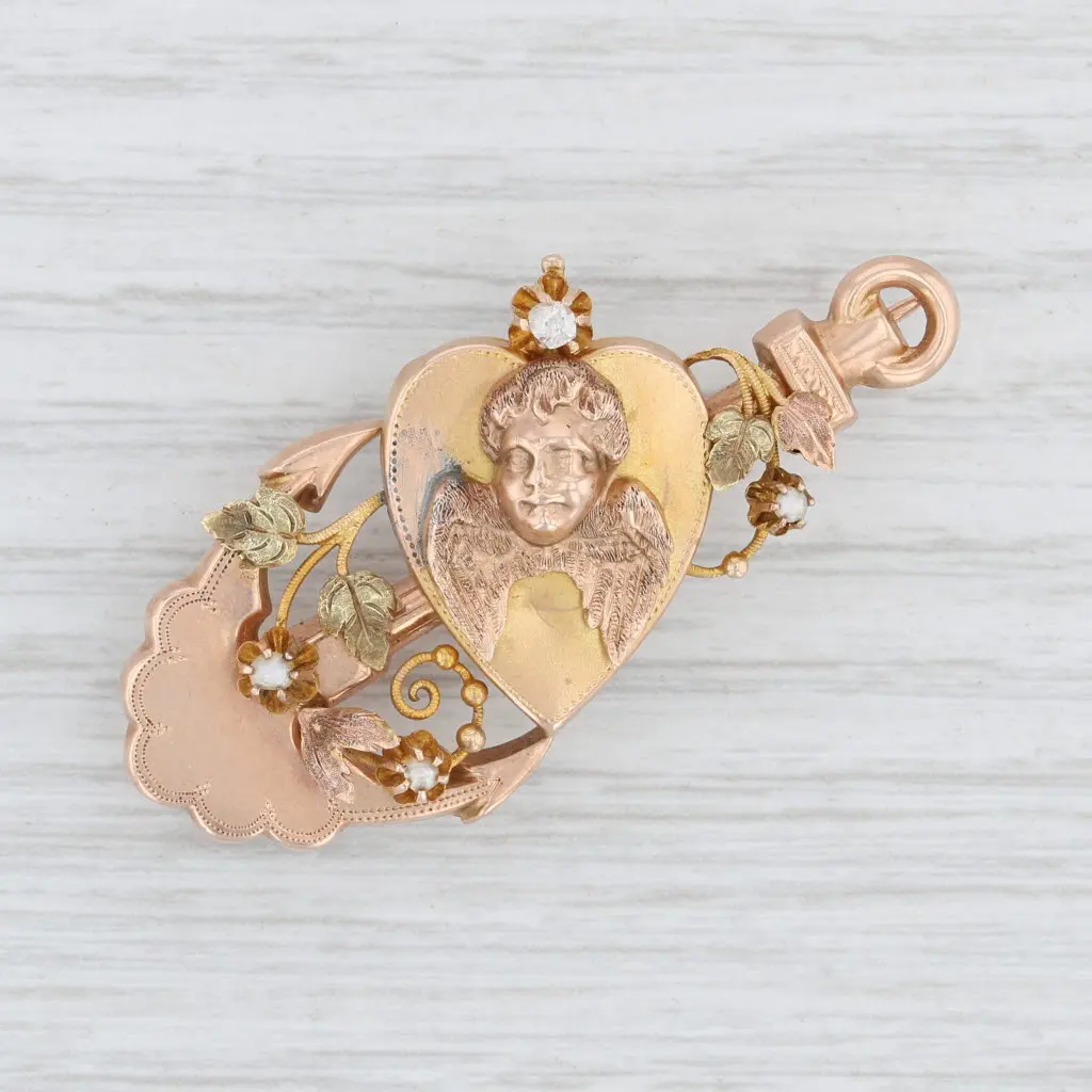 Antique Heart Anchor Brooch 10k 12k Gold Pearl Diamond Floral Pin