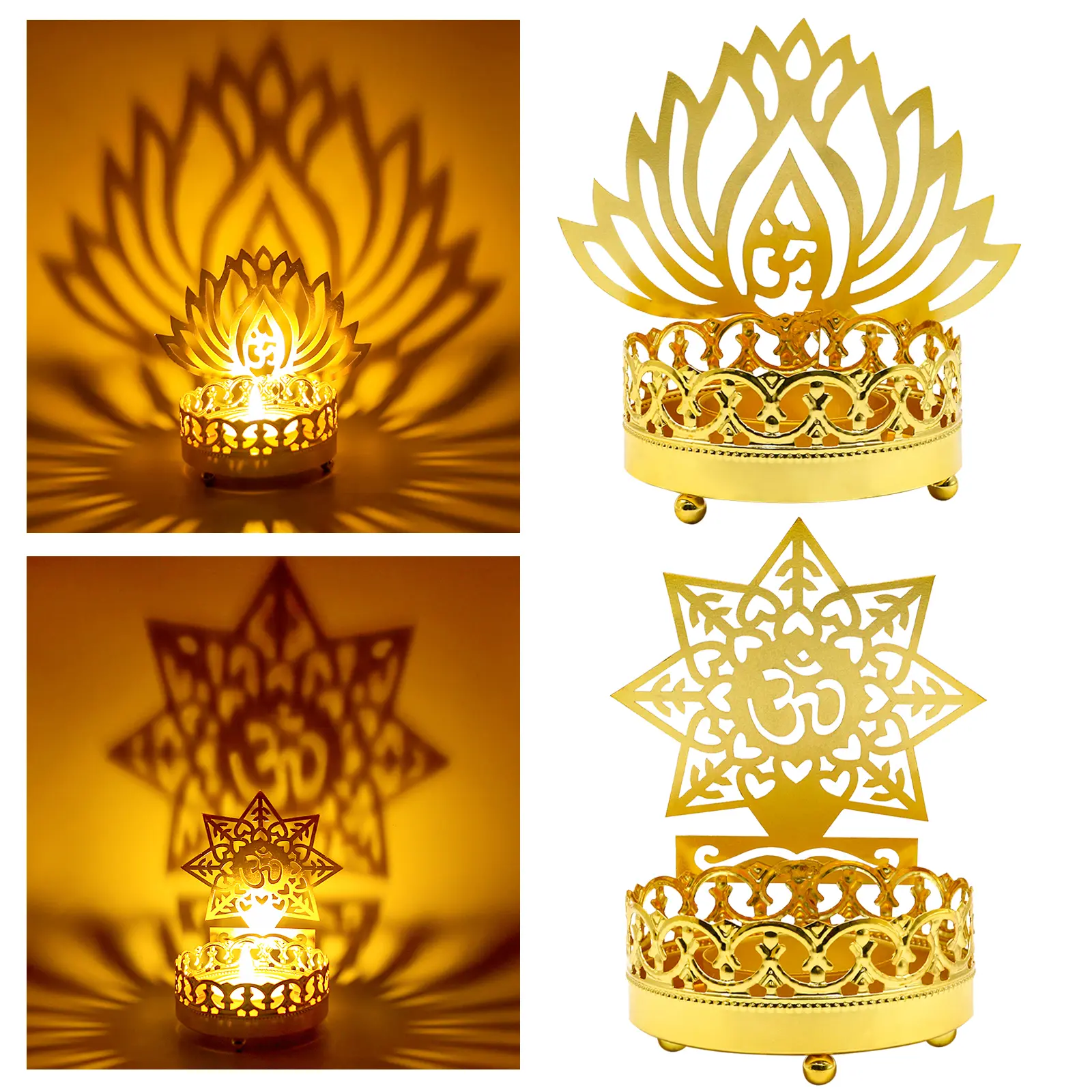 Metal OM Diwali Shadow Diyas Tea Light Candle Holder Set - Indian Murti Puja Deya for Home Decoration, Temple Mandir Pooja Altar, Housewarming Gift