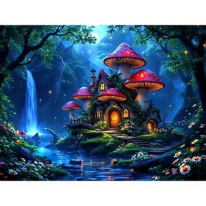 Large Size Unframed Round Diamond Painting Kit, Mushroom House by The River, 5D Diamond Painting All Artificial Rhinestone Mosaic Painting Kit for Beginners